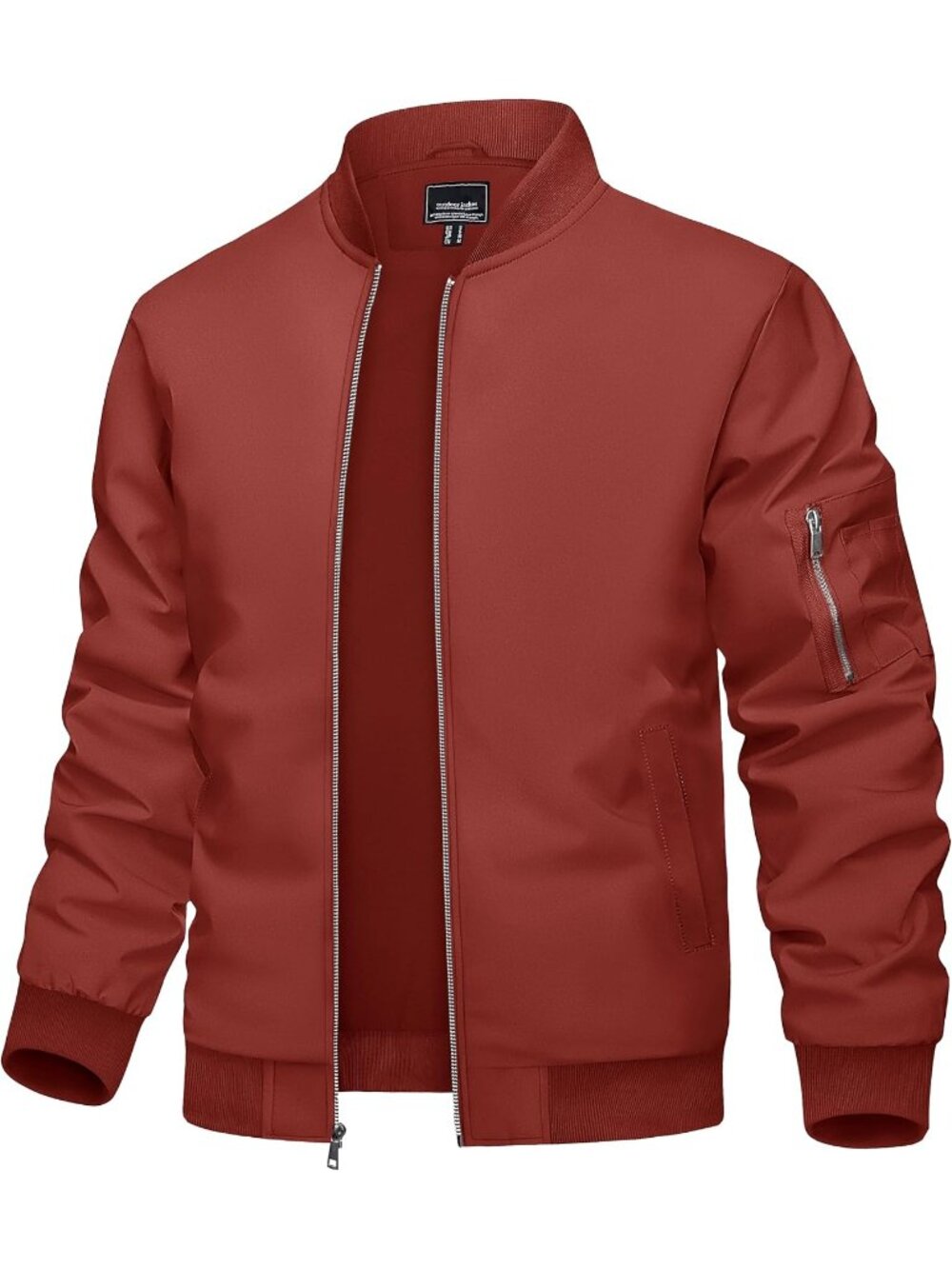 Men's Orange Red Full Zipper Stand Collar Pockets Windbreaker Bomber Jacket